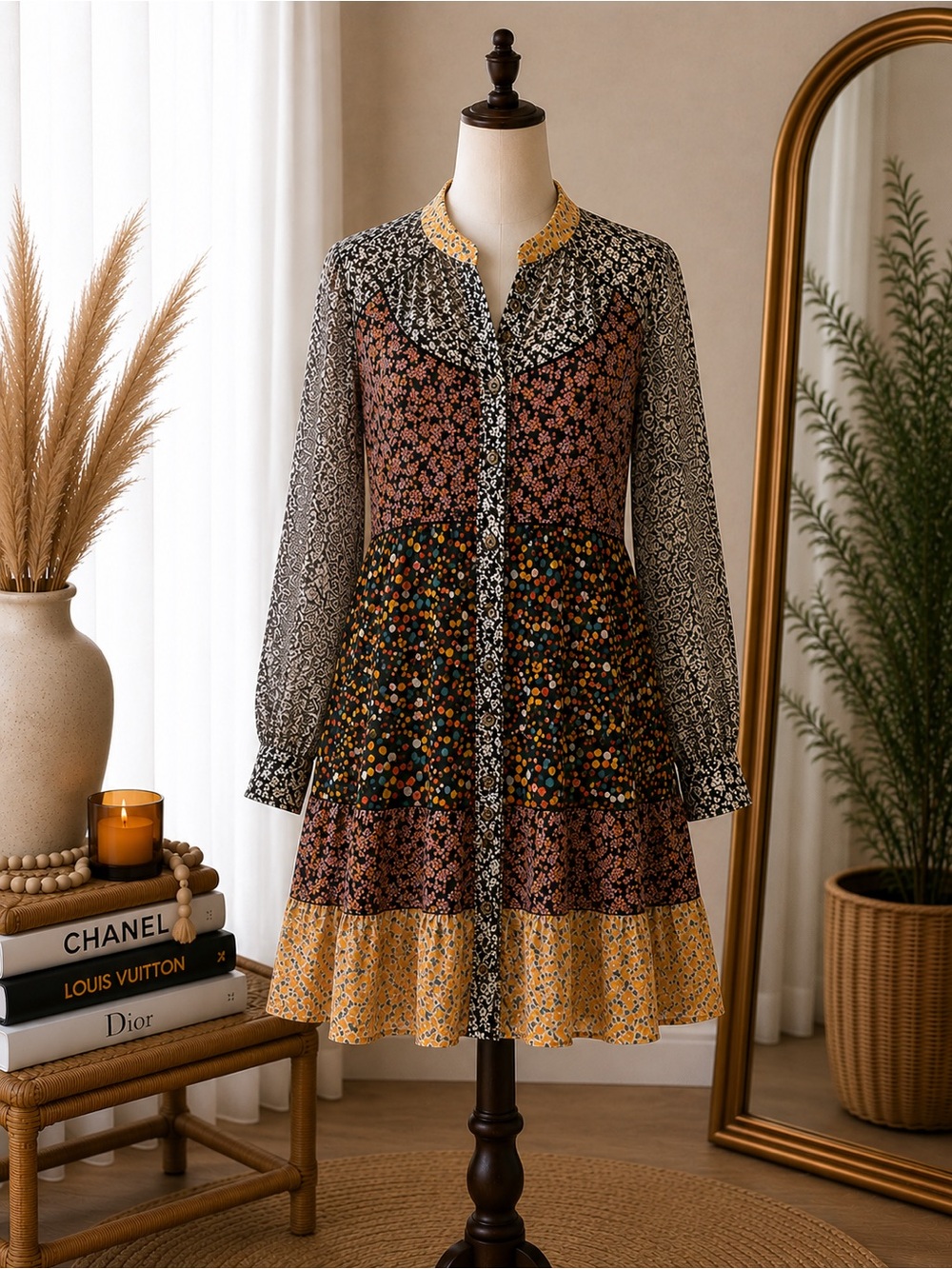 Maeve Black Multi-Print Tiered Mini Dress with Yellow Trim 0p, 17”ptp no stretch